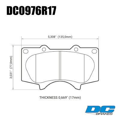 DC0976 Brake Pad Set 
DC0976x17 front brake pads for Toyota/Lexus SUV's like 4runner, Tacoma, FJ Cruiser, GX 470.
Technical information:




inch
mm


Pad Width
5.308
135


Pad Height
3.031
77


Pad Thick
0.669
17





table.appl { width: 300px; border: none; color: black; }
appl tr,td { border: none; text-align: center; font-size: 16px; }
.appl td { padding: 2px }
p { color: black; }
.product_sv { padding-top: 0px!important; }
