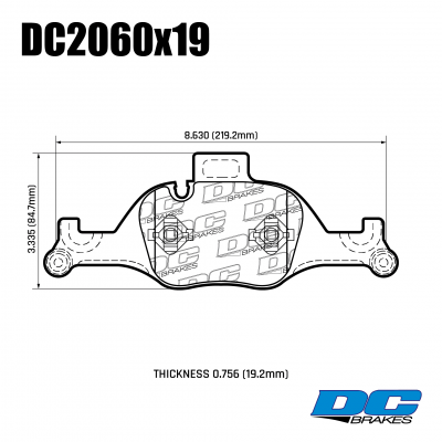 DC2060 Brake Pad Set 
DC2060x19 front brake pads for BMW 3-series G20, 5-series G30, X3 G01, X5 G05 with ATE caliper.
Technical information:




inch
mm


Pad Width
8.630
219.2


Pad Height
3.335
84.7


Pad Thick
0.756
19.2





table.appl { width: 300px; border: none; color: black; }
appl tr,td { border: none; text-align: center; font-size: 16px; }
.appl td { padding: 2px }
p { color: black; }
.product_sv { padding-top: 0px!important; }
