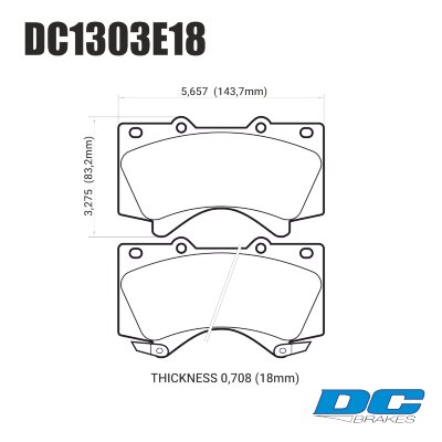 DC1303 Brake Pad Set 
DC1303x18 front brake pads for Lexus LX570, Toyota Tundra, Sequoia.
Technical information:




inch
mm


Pad Width
5.657
143.7


Pad Height
3.275
83.2


Pad Thick
0.708
18





table.appl { width: 300px; border: none; color: black; }
appl tr,td { border: none; text-align: center; font-size: 16px; }
.appl td { padding: 2px }
p { color: black; }
.product_sv { padding-top: 0px!important; }
