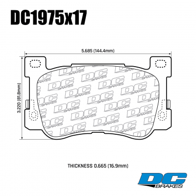 DC1975 Brake Pad Set 
DC1975x17 front brake pads for Genesis G90, KIA K9, KIA K900.
Technical information:




inch
mm


Pad Width
5.69
144.6


Pad Height
3.22
81.9


Pad Thick
0.669
17





table.appl { width: 300px; border: none; color: black; }
appl tr,td { border: none; text-align: center; font-size: 16px; }
.appl td { padding: 2px }
p { color: black; }
.product_sv { padding-top: 0px!important; }
