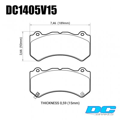 DC1405 Brake Pad Set 
DC1405x16 front brake pads for Jeep Grand Cherokee SRT8 (WK2), Dodge Challenger Hellcat, Nissan GT-R R35 and other models with OEM 6pot Brembo callipers.
Technical information:




inch
mm


Pad Width
7.440
189


Pad Height
3.661
93


Pad Thick
0.629
16





table.appl { width: 300px; border: none; color: black; }
appl tr,td { border: none; text-align: center; font-size: 16px; }
.appl td { padding: 2px }
p { color: black; }
.product_sv { padding-top: 0px!important; }
