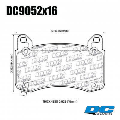 DC9052 Brake Pad Set 
DC9052x16 front brake pads for Tesla Model 3, Model Y with performance package.
Technical information:




inch
mm


Pad Width
5.19
132


Pad Height
3.32
84.4


Pad Thick
0.629
16





table.appl { width: 300px; border: none; color: black; }
appl tr,td { border: none; text-align: center; font-size: 16px; }
.appl td { padding: 2px }
p { color: black; }
.product_sv { padding-top: 0px!important; }
