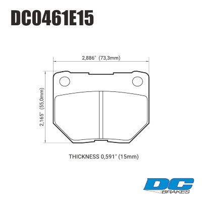 DC0461 Brake Pad Set 
DC0461x15 rear brake pads for Nissan Skyline R32,33,34 and Subaru models.
Technical information:




inch
mm


Pad Width
2.886
73.3


Pad Height
2.165
55


Pad Thick
0.591
15





table.appl { width: 300px; border: none; color: black; }
appl tr,td { border: none; text-align: center; font-size: 16px; }
.appl td { padding: 2px }
p { color: black; }
.product_sv { padding-top: 0px!important; }
