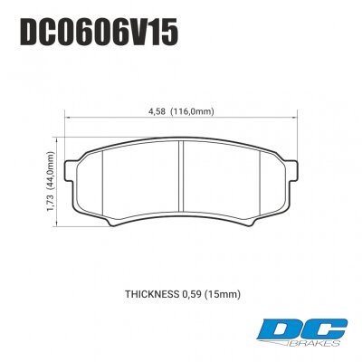 DC0606 Brake Pad Set 
DC0606x15 rear brake pads for Toyota/Lexus SUV's like Prado 120/150, GX460/470.
Technical information:




inch
mm


Pad Width
4.58
116


Pad Height
1.73
44


Pad Thick
0.591
15





table.appl { width: 300px; border: none; color: black; }
appl tr,td { border: none; text-align: center; font-size: 16px; }
.appl td { padding: 2px }
p { color: black; }
.product_sv { padding-top: 0px!important; }
