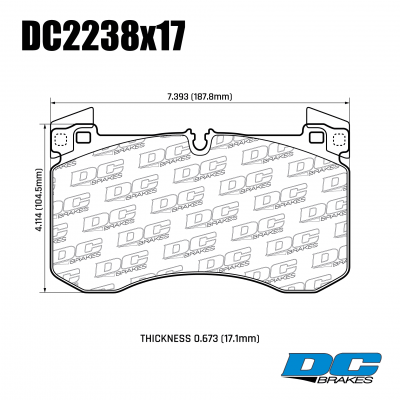 DC2238 Brake Pad Set 
DC2238x17 front brake pads for Mercedes-benz GLE-class, GLS-class, G-class.
Technical information:




inch
mm


Pad Width
7.393
187.8


Pad Height
4.11
104.5


Pad Thick
0.673
17.1





table.appl { width: 300px; border: none; color: black; }
appl tr,td { border: none; text-align: center; font-size: 16px; }
.appl td { padding: 2px }
p { color: black; }
.product_sv { padding-top: 0px!important; }

