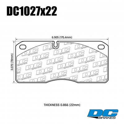 DC1027 Brake Pad Set 
DC1027x22 brake pads for STOPTECH HD, Alcon and AP Racing braking systems.
Technical information:




inch
mm


Pad Width
6.929
176


Pad Height
3.071
78


Pad Thick
0.866
22





table.appl { width: 300px; border: none; color: black; }
appl tr,td { border: none; text-align: center; font-size: 16px; }
.appl td { padding: 2px }
p { color: black; }
.product_sv { padding-top: 0px!important; }
