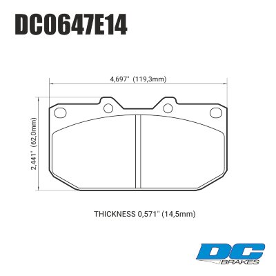DC0647 Brake Pad Set 
DC0647x14 rear brake pads for models.
Technical information:




inch
mm


Pad Width
4.697
119.3


Pad Height
2.441
62


Pad Thick
0.571
14





table.appl { width: 300px; border: none; color: black; }
appl tr,td { border: none; text-align: center; font-size: 16px; }
.appl td { padding: 2px }
p { color: black; }
.product_sv { padding-top: 0px!important; }
