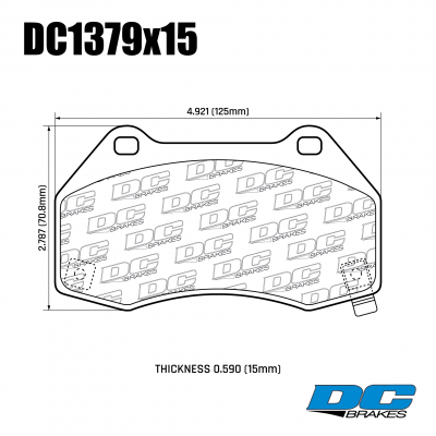 DC1379 Brake Pad Set 
DC1379x15 front brake pads for Renault Clio 3 RS, Megane 2 Sport and Mazda Miata with Brembo brakes.
Technical information:




inch
mm


Pad Width
4.92
125


Pad Height
2.78
70.8


Pad Thick
0.590
15





table.appl { width: 300px; border: none; color: black; }
appl tr,td { border: none; text-align: center; font-size: 16px; }
.appl td { padding: 2px }
p { color: black; }
.product_sv { padding-top: 0px!important; }

