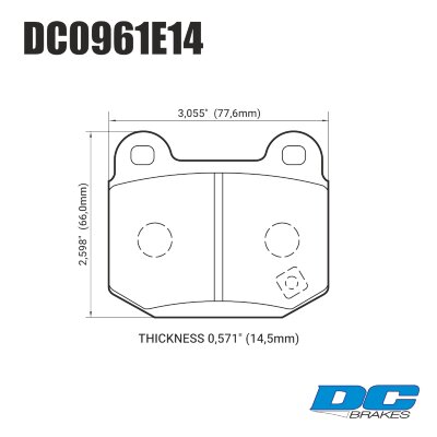 DC0961 Brake Pad Set 
DC0961x14 rear brake pads for Mitsubishi Evo's, Subaru WRX STI models.
Technical information:




inch
mm


Pad Width
3.055
77.6


Pad Height
2.598
66


Pad Thick
0.571
14.5





table.appl { width: 300px; border: none; color: black; }
appl tr,td { border: none; text-align: center; font-size: 16px; }
.appl td { padding: 2px }
p { color: black; }
.product_sv { padding-top: 0px!important; }
