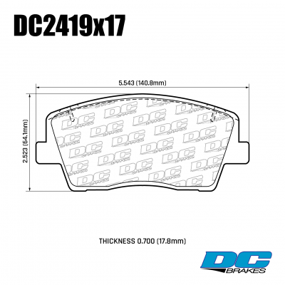 DC2419 Brake Pad Set 
DC2419x17 front brake pads for KIA Stinger, GENESIS G70 with 18inch wheels.
Technical information:




inch
mm


Pad Width
5.511
140.8


Pad Height
2.523
64.1


Pad Thick
0.669
17





table.appl { width: 300px; border: none; color: black; }
appl tr,td { border: none; text-align: center; font-size: 16px; }
.appl td { padding: 2px }
p { color: black; }
.product_sv { padding-top: 0px!important; }

