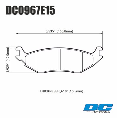 DC0967 Brake Pad Set 
DC0967x15 rear brake pads for Dodge RAM 1500 and Durango models.
Technical information:




inch
mm


Pad Width
6.535
166


Pad Height
1.929
49


Pad Thick
0.610
15.5





table.appl { width: 300px; border: none; color: black; }
appl tr,td { border: none; text-align: center; font-size: 16px; }
.appl td { padding: 2px }
p { color: black; }
.product_sv { padding-top: 0px!important; }

