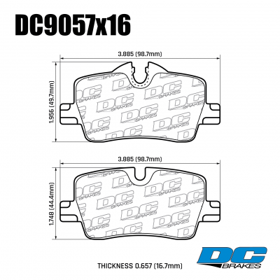 DC9057 Brake Pad Set 
DC9057x16 rear brake pads for BMW models like 3-series G20, 2-series G42, 4-series G22 without M-sport brakes package.
Technical information:




inch
mm


Pad Width
3.85
98.7


Pad Height
1.929
49.7


Pad Thick
0.629
16





table.appl { width: 300px; border: none; color: black; }
appl tr,td { border: none; text-align: center; font-size: 16px; }
.appl td { padding: 2px }
p { color: black; }
.product_sv { padding-top: 0px!important; }

