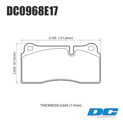 DC0968 Brake Pad Set 
DC0968x17 brake pads for Brembo calipers.
Technical information:




inch
mm


Pad Width
5.189
131.8


Pad Height
2.638
67


Pad Thick
0.669
17





table.appl { width: 300px; border: none; color: black; }
appl tr,td { border: none; text-align: center; font-size: 16px; }
.appl td { padding: 2px }
p { color: black; }
.product_sv { padding-top: 0px!important; }
