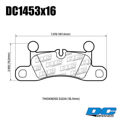 DC1453 Brake Pad Set 
DC1453x16 rear brake pads for Porsche Cayenne 92A, VW Touareg 7P5.
Technical information:




inch
mm


Pad Width
7.378
187.4


Pad Height
2.992
76.0


Pad Thick
0.634
16.1





table.appl { width: 300px; border: none; color: black; }
appl tr,td { border: none; text-align: center; font-size: 16px; }
.appl td { padding: 2px }
p { color: black; }
.product_sv { padding-top: 0px!important; }
