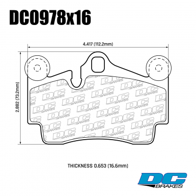 DC0978 Brake Pad Set 
DC0978x16 rear brake pads for AUDI Q7 4L, PORSCHE Cayenne 9P and VW Touareg 7L (see description for correct PR-codes).
Technical information:




inch
mm


Pad Width
4.417
112.2


Pad Height
2.882
73.2


Pad Thick
0.653
16.6





table.appl { width: 300px; border: none; color: black; }
appl tr,td { border: none; text-align: center; font-size: 16px; }
.appl td { padding: 2px }
p { color: black; }
.product_sv { padding-top: 0px!important; }
