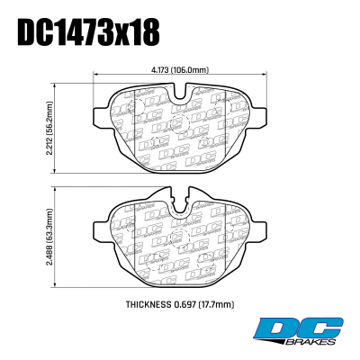 DC1473 Brake Pad Set 
DC1473x18 rear brake pads for BMW 5-series, 6-series, 7-series, X3, X4, i8
Technical information:




inch
mm


Pad Width
4.18
106


Pad Height
2.46
63


Pad Thick
0.708
18





table.appl { width: 300px; border: none; color: black; }
appl tr,td { border: none; text-align: center; font-size: 16px; }
.appl td { padding: 2px }
p { color: black; }
.product_sv { padding-top: 0px!important; }
