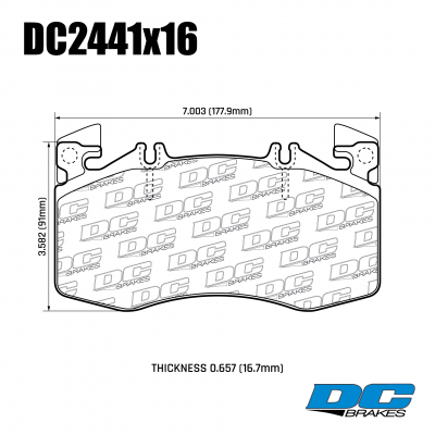 DC2441 Brake Pad Set 
DC2441x16 front brake pads for Mercedes-Benz AMG A-class, CLA-class, GLA-class..
Technical information:




inch
mm


Pad Width
7.003
177.9


Pad Height
3.59
91.3


Pad Thick
0.629
16





table.appl { width: 300px; border: none; color: black; }
appl tr,td { border: none; text-align: center; font-size: 16px; }
.appl td { padding: 2px }
p { color: black; }
.product_sv { padding-top: 0px!important; }
