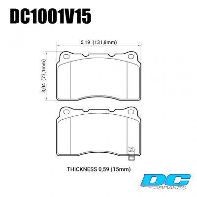 DC1001 Brake Pad Set 
DC1001x15 front brake pads for Subaru WRX STI and other cars with OEM Brembo 4 pot callipers.
Technical information:




inch
mm


Pad Width
5.19
131.8


Pad Height
3.04
77.1


Pad Thick
0.591
15





table.appl { width: 300px; border: none; color: black; }
appl tr,td { border: none; text-align: center; font-size: 16px; }
.appl td { padding: 2px }
p { color: black; }
.product_sv { padding-top: 0px!important; }
