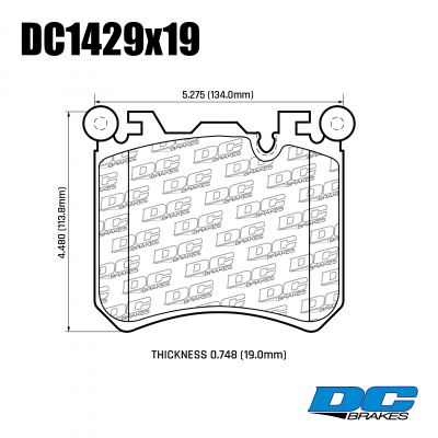 DC1429 Brake Pad Set 
DC1429x19 front brake pads for BMW X5M E70/X6M E71, F15/F16 M Performance, some models of Rolls Royce
Technical information:




inch
mm


Pad Width
5.275
134


Pad Height
4.480
113.8


Pad Thick
0.748
19





table.appl { width: 300px; border: none; color: black; }
appl tr,td { border: none; text-align: center; font-size: 16px; }
.appl td { padding: 2px }
p { color: black; }
.product_sv { padding-top: 0px!important; }

