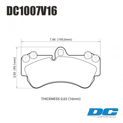 DC1007 Brake Pad Set 
DC1007x16 front brake pads for Audi Q7, Porsche Cayenne models with 12.99 inch brake disc.
Technical information:




inch
mm


Pad Width
7.480
190


Pad Height
3.90
99.1


Pad Thick
0.630
16





table.appl { width: 300px; border: none; color: black; }
appl tr,td { border: none; text-align: center; font-size: 16px; }
.appl td { padding: 2px }
p { color: black; }
.product_sv { padding-top: 0px!important; }

