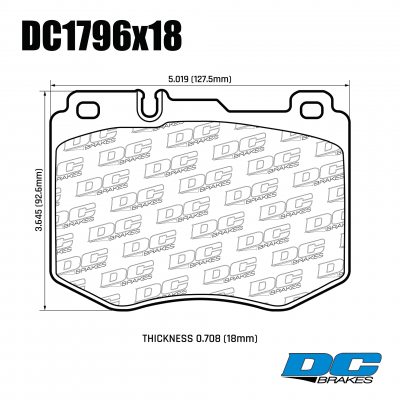 DC1796 Brake Pad Set 
DC1796x18 front brake pads for Mercedes-Benz GLC-class X253, E-class W213, CLS-class C257.
Technical information:




inch
mm


Pad Width
5.02
127.6


Pad Height
3.64
92.6


Pad Thick
0.708
18





table.appl { width: 300px; border: none; color: black; }
appl tr,td { border: none; text-align: center; font-size: 16px; }
.appl td { padding: 2px }
p { color: black; }
.product_sv { padding-top: 0px!important; }
