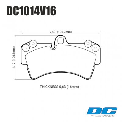 DC1014 Brake Pad Set 
DC1014x16 front brake pads for Audi Q7, Porsche Cayenne models with 13.77 inch brake disc.
Technical information:




inch
mm


Pad Width
7.488
190.2


Pad Height
4.193
106.5


Pad Thick
0.657
16.7





table.appl { width: 300px; border: none; color: black; }
appl tr,td { border: none; text-align: center; font-size: 16px; }
.appl td { padding: 2px }
p { color: black; }
.product_sv { padding-top: 0px!important; }
