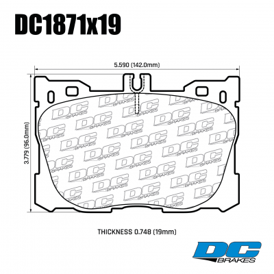 DC1871 Brake Pad Set 
DC1871x19 front brake pads for Mercedes-Benz GLC-class X253, E-class W213, C-class W205 with AMG sports package.
Technical information:




inch
mm


Pad Width
5.59
142.0


Pad Height
3.77
96.0


Pad Thick
0.74
19





table.appl { width: 300px; border: none; color: black; }
appl tr,td { border: none; text-align: center; font-size: 16px; }
.appl td { padding: 2px }
p { color: black; }
.product_sv { padding-top: 0px!important; }
