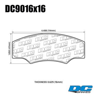 DC9016 Brake Pad Set 
DC9016x16 brake pads for Alcon, AP racing calipers.
Technical information:




inch
mm


Pad Width
4.472
113.6


Pad Height
1.850
47


Pad Thick
0.630
16





table.appl { width: 300px; border: none; color: black; }
appl tr,td { border: none; text-align: center; font-size: 16px; }
.appl td { padding: 2px }
p { color: black; }
.product_sv { padding-top: 0px!important; }
