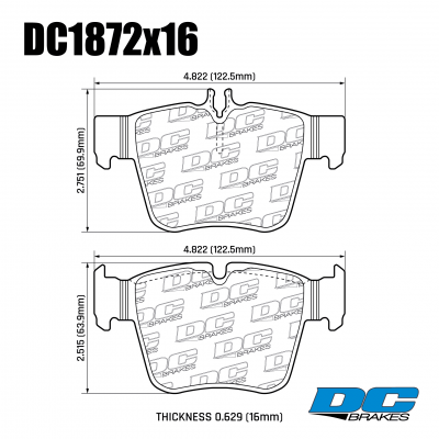 DC1872 Brake Pad Set 
DC1872x16 rear brake pads for Mercedes-Benz GLC-class X253/C253, C-class W205/C205.
Technical information:




inch
mm


Pad Width
4.80
122.5


Pad Height
2.48
63.9


Pad Thick
0.63
16





table.appl { width: 300px; border: none; color: black; }
appl tr,td { border: none; text-align: center; font-size: 16px; }
.appl td { padding: 2px }
p { color: black; }
.product_sv { padding-top: 0px!important; }
