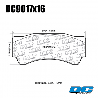 DC9017 Brake Pad Set 
DC9017x16 brake pads for Alcon calipers.
Technical information:




inch
mm


Pad Width
5.984
152


Pad Height
2.480
63


Pad Thick
0.630
16





table.appl { width: 300px; border: none; color: black; }
appl tr,td { border: none; text-align: center; font-size: 16px; }
.appl td { padding: 2px }
p { color: black; }
.product_sv { padding-top: 0px!important; }
