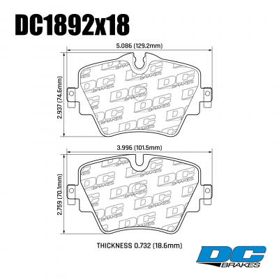 DC1892 Brake Pad Set 
DC1892x18 front brake pads for BMW 1,2,3,4-series, X1,X2,X3,X4,Z4 without M-performance brakes package, MINI F54,F55,F60 and Toyota Supra.
Technical information:




inch
mm


Pad Width
5.086
129.2


Pad Height
2.937
74.6


Pad Thick
0.708
18





table.appl { width: 300px; border: none; color: black; }
appl tr,td { border: none; text-align: center; font-size: 16px; }
.appl td { padding: 2px }
p { color: black; }
.product_sv { padding-top: 0px!important; }
