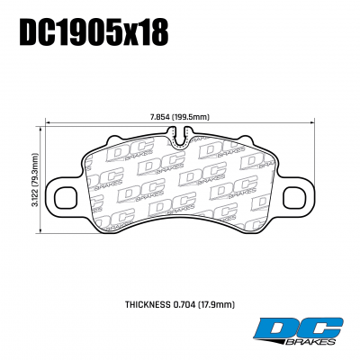 DC1905 Brake Pad Set 
DC1905x18 front brake pads for Porsche 718 Cayman, Boxster, 911 (992).
Technical information:




inch
mm


Pad Width
7.854
199.5


Pad Height
3.122
79.3


Pad Thick
0.708
18





table.appl { width: 300px; border: none; color: black; }
appl tr,td { border: none; text-align: center; font-size: 16px; }
.appl td { padding: 2px }
p { color: black; }
.product_sv { padding-top: 0px!important; }
