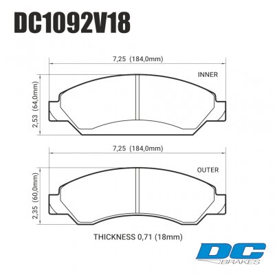DC1092 Brake Pad Set 
DC1092x18 front brake pads for Chevrolet Tahoe, Cadillac Escalade models.
Technical information:




inch
mm


Pad Width
7.25
184


Pad Height
2.53
64


Pad Thick
0.710
18





table.appl { width: 300px; border: none; color: black; }
appl tr,td { border: none; text-align: center; font-size: 16px; }
.appl td { padding: 2px }
p { color: black; }
.product_sv { padding-top: 0px!important; }

