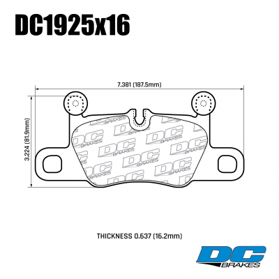 DC1925 Brake Pad Set 
DC1925x16 rear brake pads for Porsche Cayenne Turbo, 911 (991/992).
Technical information:




inch
mm


Pad Width
7.381
187.5


Pad Height
3.22
81.9


Pad Thick
0.629
16





table.appl { width: 300px; border: none; color: black; }
appl tr,td { border: none; text-align: center; font-size: 16px; }
.appl td { padding: 2px }
p { color: black; }
.product_sv { padding-top: 0px!important; }
