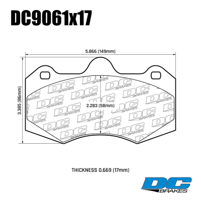 DC9061 Brake Pad Set 
DC9061x17 brake pads for AP racing calipers.
Technical information:




inch
mm


Pad Width
5.866
149


Pad Height
3.390
86


Pad Thick
0.669
17





table.appl { width: 300px; border: none; color: black; }
appl tr,td { border: none; text-align: center; font-size: 16px; }
.appl td { padding: 2px }
p { color: black; }
.product_sv { padding-top: 0px!important; }
