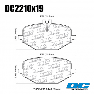 DC2210 Brake Pad Set 
DC2210x19 rear brake pads for Mercedes-Benz GLE, GLS, G-class models.
Technical information:




inch
mm


Pad Width
5.192
131.9


Pad Height
2.75
70


Pad Thick
0.748
19





table.appl { width: 300px; border: none; color: black; }
appl tr,td { border: none; text-align: center; font-size: 16px; }
.appl td { padding: 2px }
p { color: black; }
.product_sv { padding-top: 0px!important; }
