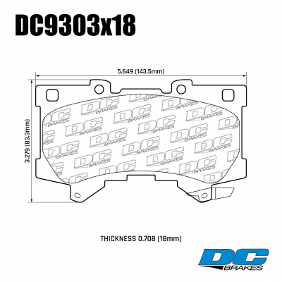DC9303 Brake Pad Set 
DC9303x18 front brake pads for Lexus LX600, Toyota Sequoia, Tundra models.
Technical information:




inch
mm


Pad Width
5.649
143.5


Pad Height
3.279
83.3


Pad Thick
0.708
18





table.appl { width: 300px; border: none; color: black; }
appl tr,td { border: none; text-align: center; font-size: 16px; }
.appl td { padding: 2px }
p { color: black; }
.product_sv { padding-top: 0px!important; }
