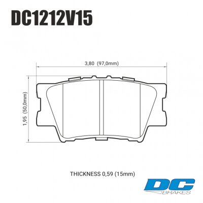 DC1212 Brake Pad Set 
DC1212x15 rear brake pads for Toyota Avalon, Rav4, Lexus ES models.
Technical information:




inch
mm


Pad Width
3.80
97


Pad Height
1.95
50


Pad Thick
0.590
15





table.appl { width: 300px; border: none; color: black; }
appl tr,td { border: none; text-align: center; font-size: 16px; }
.appl td { padding: 2px }
p { color: black; }
.product_sv { padding-top: 0px!important; }
