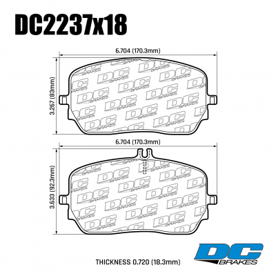 DC2237 Brake Pad Set 
DC2237x18 front brake pads for Mercedes-Benz GLS X167, GLE V167, GLE Coupe C167 models.
Technical information:




inch
mm


Pad Width
6.704
170.3


Pad Height
3.633
92.3


Pad Thick
0.708
18





table.appl { width: 300px; border: none; color: black; }
appl tr,td { border: none; text-align: center; font-size: 16px; }
.appl td { padding: 2px }
p { color: black; }
.product_sv { padding-top: 0px!important; }
