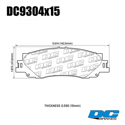 DC9304 Brake Pad Set 
DC9304x15 rear brake pads for Lexus LX600, Toyota Sequoia, Tundra models.
Technical information:




inch
mm


Pad Width
5.614
142.6


Pad Height
1.874
47.6


Pad Thick
0.590
15





table.appl { width: 300px; border: none; color: black; }
appl tr,td { border: none; text-align: center; font-size: 16px; }
.appl td { padding: 2px }
p { color: black; }
.product_sv { padding-top: 0px!important; }
