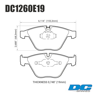 DC1260 Brake Pad Set 
DC1260x19 front brake pads for BMW e-series models like E90 335i, M3 and other.
Technical information:




inch
mm


Pad Width
6.114
155.3


Pad Height
2.688
68.3


Pad Thick
0.748
19





table.appl { width: 300px; border: none; color: black; }
appl tr,td { border: none; text-align: center; font-size: 16px; }
.appl td { padding: 2px }
p { color: black; }
.product_sv { padding-top: 0px!important; }
