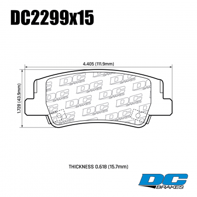 DC2299 Brake Pad Set 
DC2299x15 rear brake pads for Hyundai Sonata, Tucson and Kia Sportage.
Technical information:




inch
mm


Pad Width
4.405
111.9


Pad Height
1.72
43.9


Pad Thick
0.59
15





table.appl { width: 300px; border: none; color: black; }
appl tr,td { border: none; text-align: center; font-size: 16px; }
.appl td { padding: 2px }
p { color: black; }
.product_sv { padding-top: 0px!important; }
