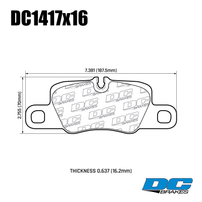 DC1417 Brake Pad Set 
DC1417x16 rear brake pads for Porsche Cayenne Turbo, 911 (991/992).
Technical information:




inch
mm


Pad Width
7.38
187.5


Pad Height
2.76
70


Pad Thick
0.629
16





table.appl { width: 300px; border: none; color: black; }
appl tr,td { border: none; text-align: center; font-size: 16px; }
.appl td { padding: 2px }
p { color: black; }
.product_sv { padding-top: 0px!important; }
