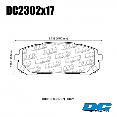 DC2302 Brake Pad Set 
DC2302x17 front brake pads for Hyundai Sonata, Tucson and KIA Sportage.
Technical information:




inch
mm


Pad Width
5.720
145.3


Pad Height
2.362
60.0


Pad Thick
0.669
17





table.appl { width: 300px; border: none; color: black; }
appl tr,td { border: none; text-align: center; font-size: 16px; }
.appl td { padding: 2px }
p { color: black; }
.product_sv { padding-top: 0px!important; }

