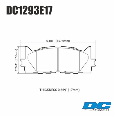 DC1293 Brake Pad Set 
DC1293x17 front brake pads for Toyota Avalon, Lexus ES models.
Technical information:




inch
mm


Pad Width
6.181
157


Pad Height
2.244
57


Pad Thick
0.669
17





table.appl { width: 300px; border: none; color: black; }
appl tr,td { border: none; text-align: center; font-size: 16px; }
.appl td { padding: 2px }
p { color: black; }
.product_sv { padding-top: 0px!important; }
