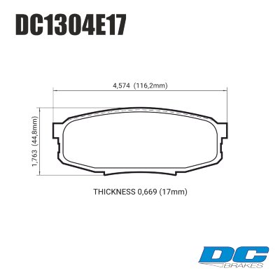 DC1304 Brake Pad Set 
DC1304x17 rear brake pads for Lexus LX570, Toyota Sequoia, Tundra models.
Technical information:




inch
mm


Pad Width
4.574
116.2


Pad Height
1.763
44.8


Pad Thick
0.669
17





table.appl { width: 300px; border: none; color: black; }
appl tr,td { border: none; text-align: center; font-size: 16px; }
.appl td { padding: 2px }
p { color: black; }
.product_sv { padding-top: 0px!important; }
