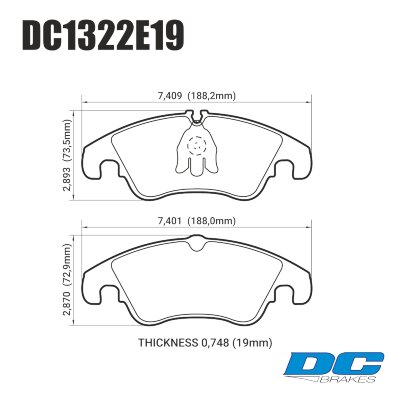 DC1322 Brake Pad Set 
DC1322x19 front brake pads for Audi models like A4 b8, A5 8T, A6 C7, A7, Q5.
Technical information:




inch
mm


Pad Width
7.409
188.2


Pad Height
2.893
73.5


Pad Thick
0.748
19





table.appl { width: 300px; border: none; color: black; }
appl tr,td { border: none; text-align: center; font-size: 16px; }
.appl td { padding: 2px }
p { color: black; }
.product_sv { padding-top: 0px!important; }
