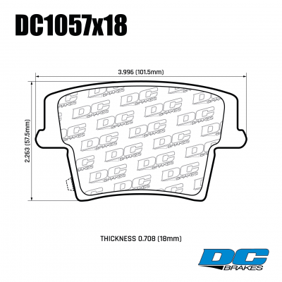 DC1057 Brake Pad Set 
DC1057x18 rear brake pads for Dodge Challenger, Caliber and Charger models.
Technical information:




inch
mm


Pad Width
3.992
101.4


Pad Height
2.26
57.5


Pad Thick
0.708
18





table.appl { width: 300px; border: none; color: black; }
appl tr,td { border: none; text-align: center; font-size: 16px; }
.appl td { padding: 2px }
p { color: black; }
.product_sv { padding-top: 0px!important; }

