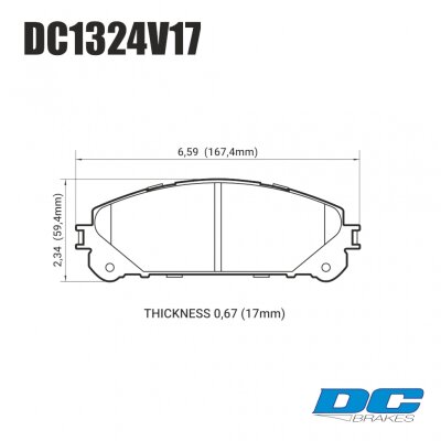 DC1324 Brake Pad Set 
DC1324x17 front brake pads for Toyota/Lexus mid-SUV models like RX, NX, Highlander.
Technical information:




inch
mm


Pad Width
6.59
167.4


Pad Height
2.340
59.4


Pad Thick
0.670
17





table.appl { width: 300px; border: none; color: black; }
appl tr,td { border: none; text-align: center; font-size: 16px; }
.appl td { padding: 2px }
p { color: black; }
.product_sv { padding-top: 0px!important; }
