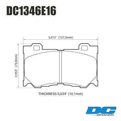 DC1346 Brake Pad Set 
DC1346x16 front brake pads for Infiniti FX and G, M models.
Technical information:




inch
mm


Pad Width
5.012
127.3


Pad Height
2.953
75


Pad Thick
0.634
16.1





table.appl { width: 300px; border: none; color: black; }
appl tr,td { border: none; text-align: center; font-size: 16px; }
.appl td { padding: 2px }
p { color: black; }
.product_sv { padding-top: 0px!important; }
